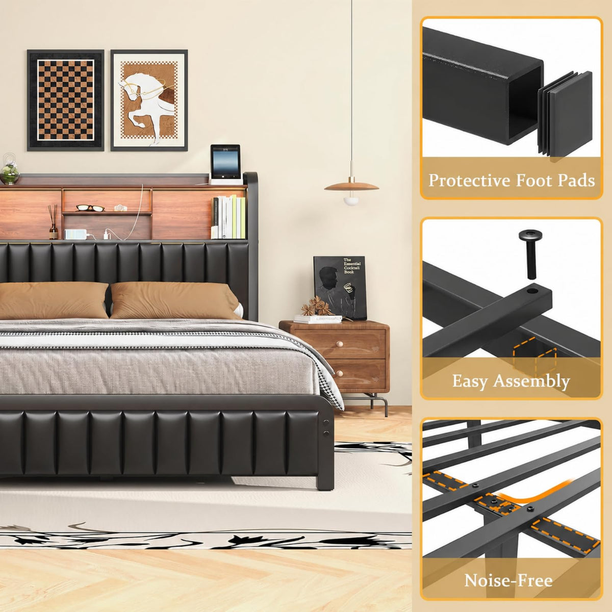 Black Full Size Bed Frame with Storage Headboard H69028