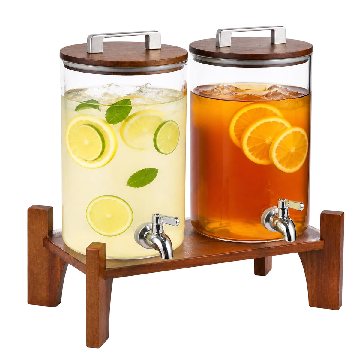 2 Pack 1 Gallon Glass Drink Dispensers with Acacia Wood Stand C762
