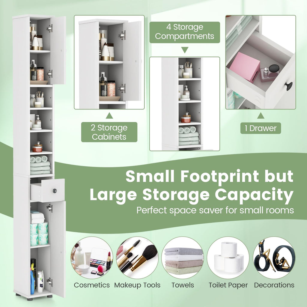 White Tall Slim Bathroom Storage Cabinet with 2 Doors 1 Drawer Q411436