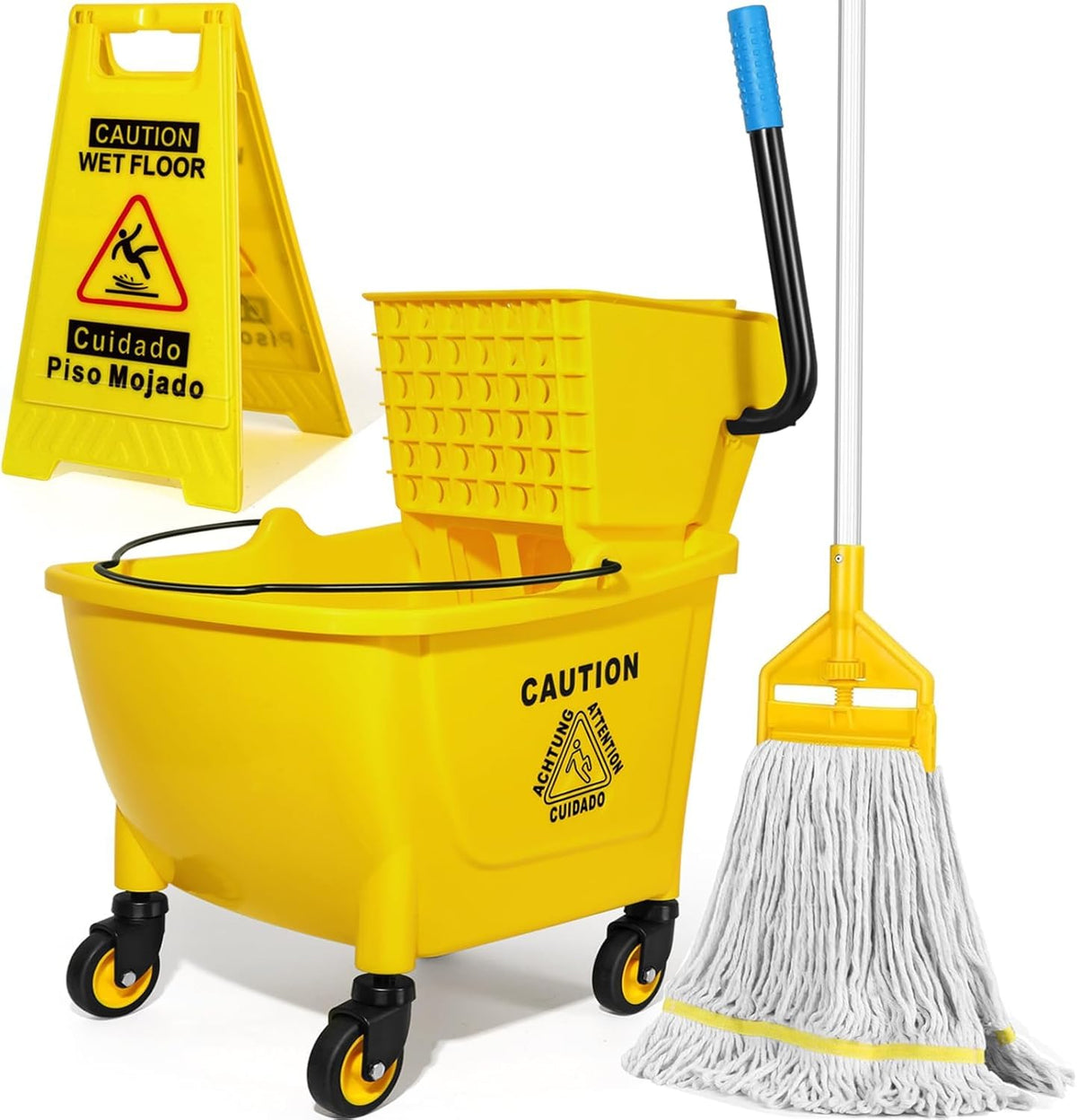 Yellow 35Qt Mop Bucket with Side Press Wringer on Wheels H804