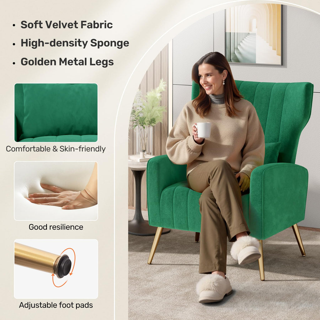 Velvet Accent Chairs Set of 2 High Back Armchair with Lumbar Pillow Green V1676