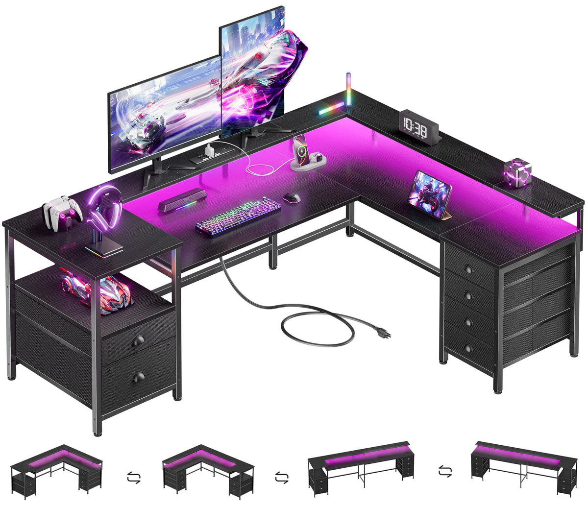 66'' L Shaped Gaming Desk with 6 Drawers, LED, Outlets, Black Q383540