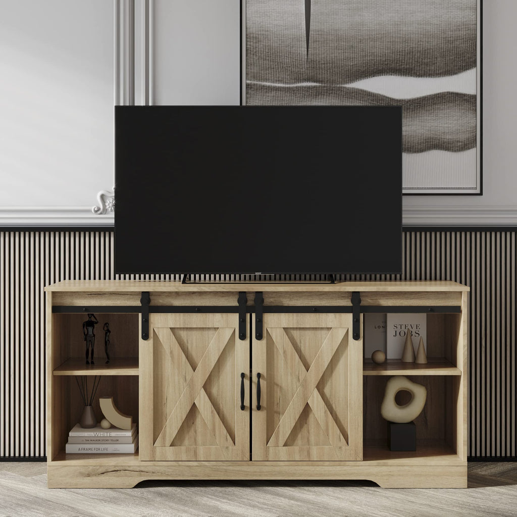 Rustic Oak Wood TV Stand with Sliding Barn Door Z824