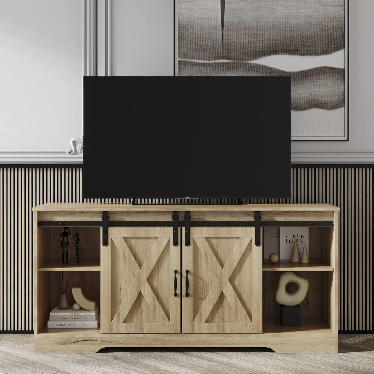 Rustic Oak Wood TV Stand with Sliding Barn Door Z824