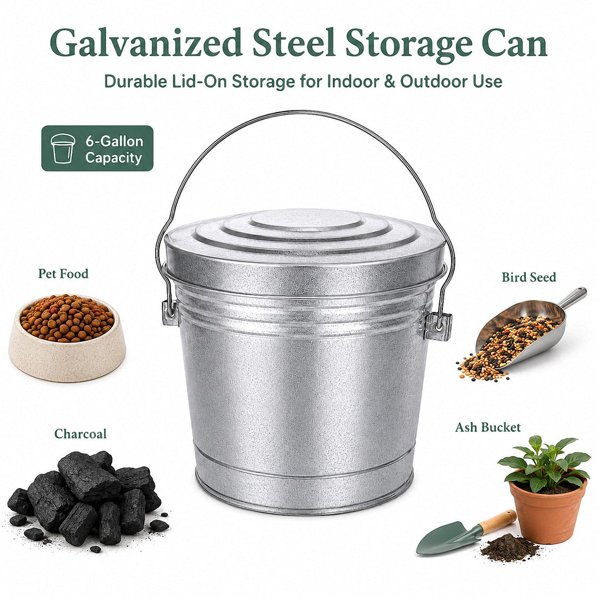 6 Gallon Galvanized Metal Trash Can with Locking Lid W3799