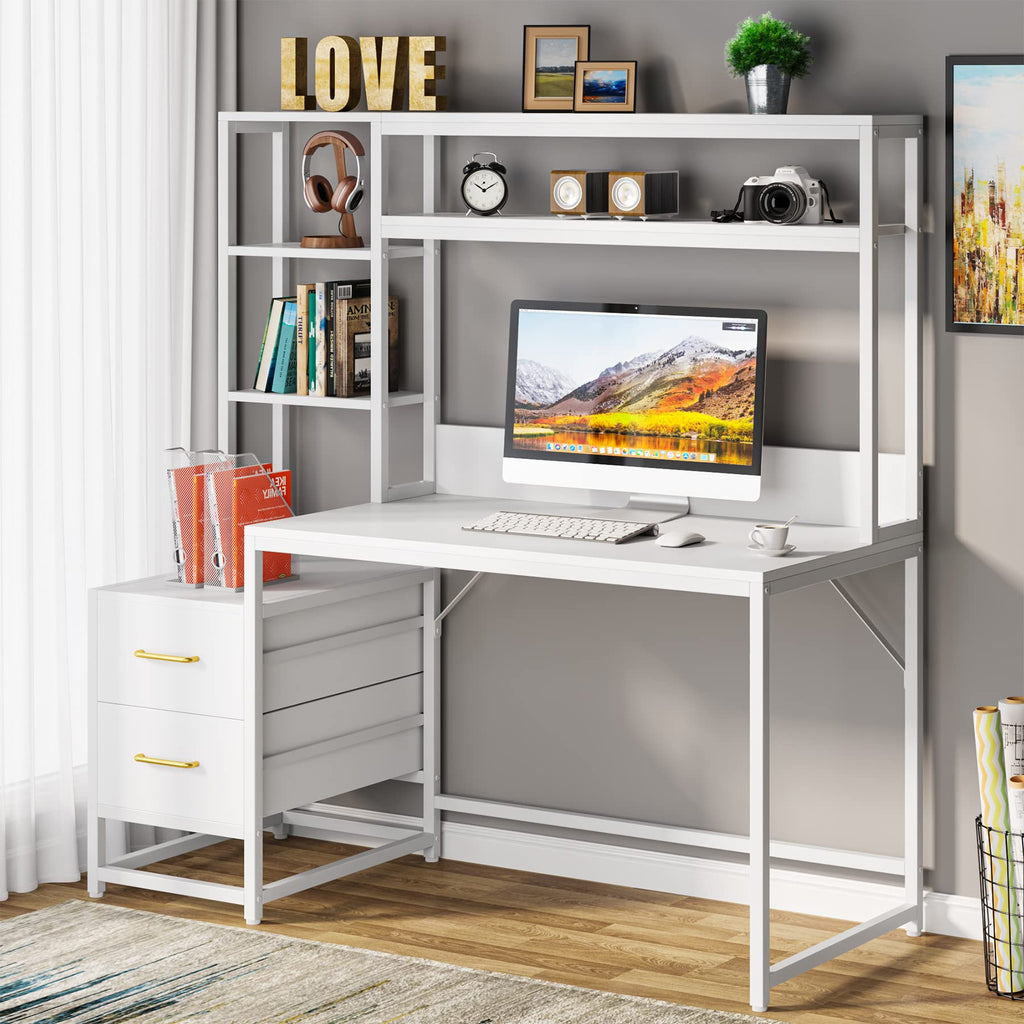 55 Inch Computer Desk with 2 Drawers and Storage Shelves D149