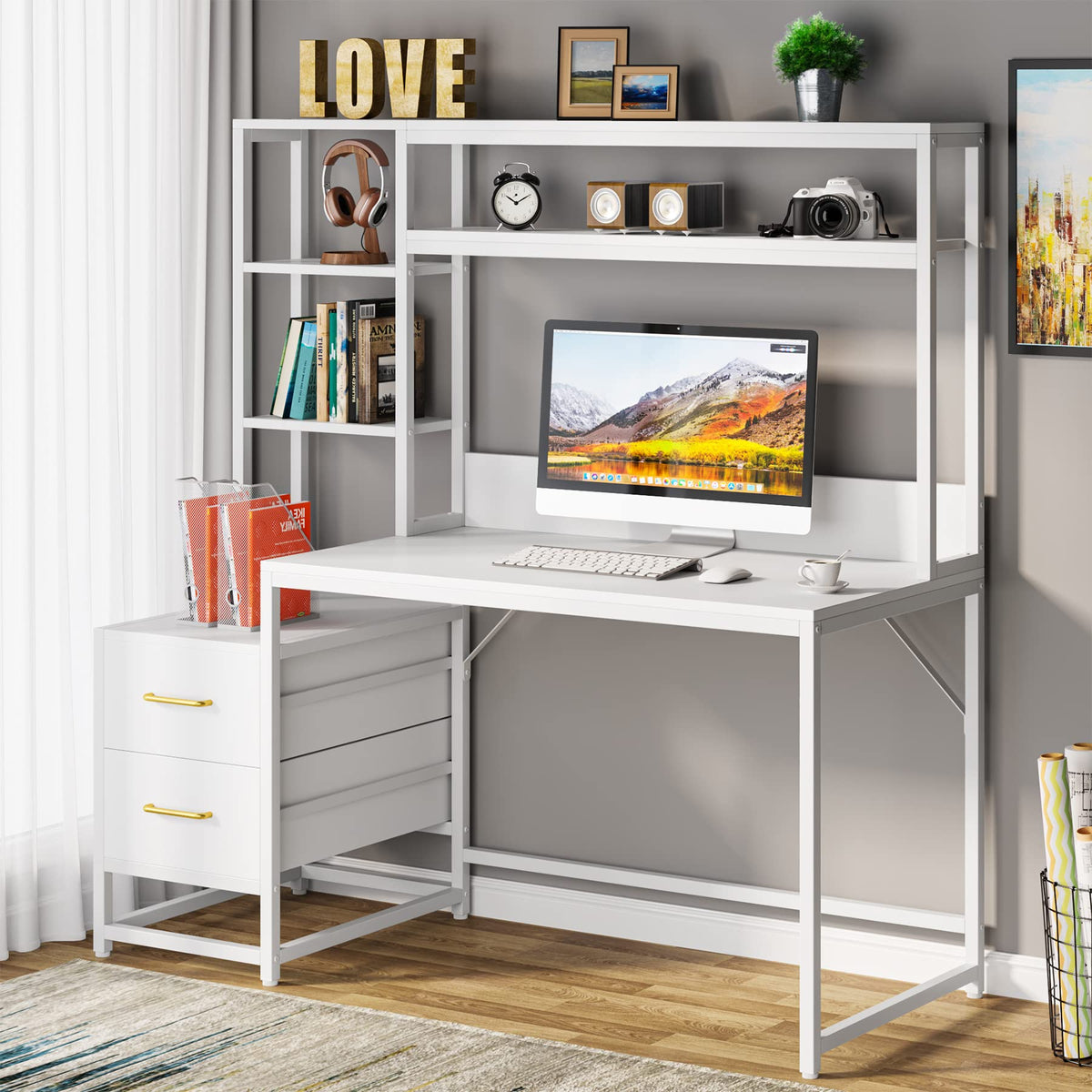55 Inch Computer Desk with 2 Drawers and Storage Shelves D149