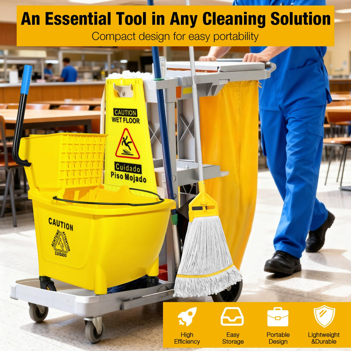 Yellow 35Qt Mop Bucket with Side Press Wringer on Wheels H804