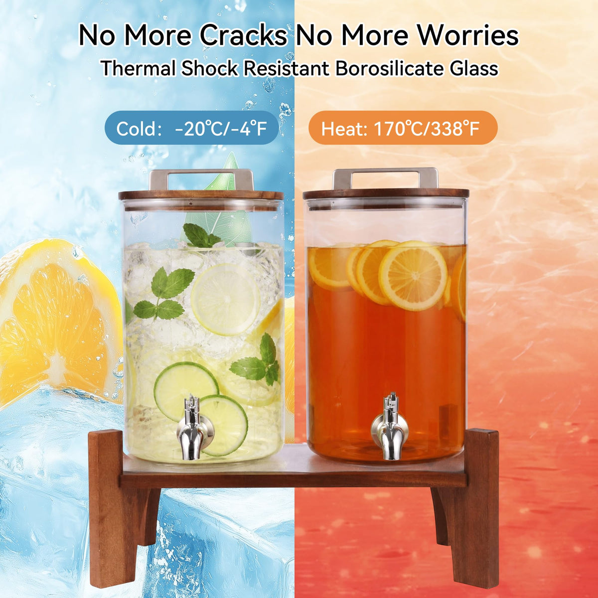 2 Pack 1 Gallon Glass Drink Dispensers with Acacia Wood Stand C762