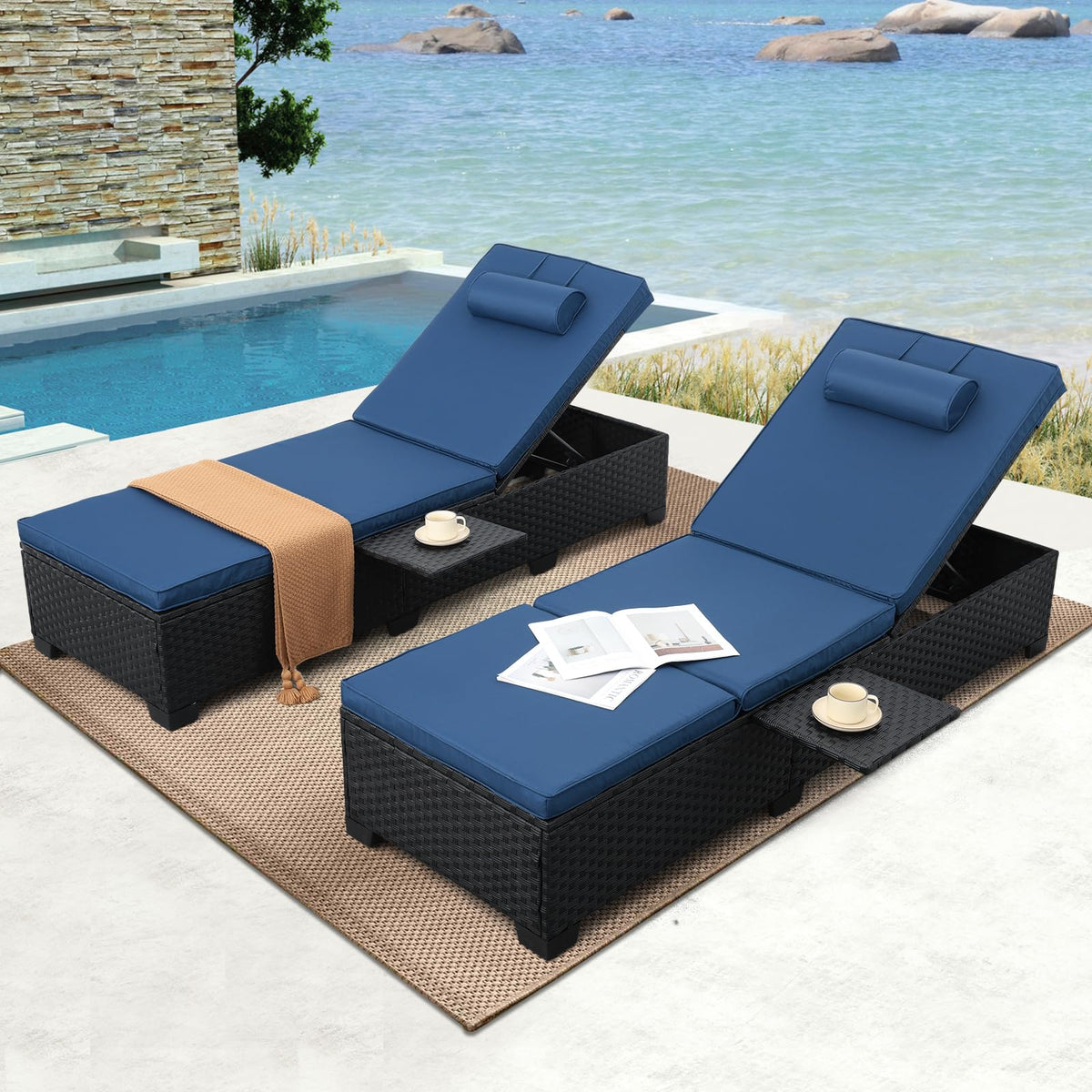 Black Wicker Chaise Lounge Chairs Set of 2 with Navy Blue Cushion J9611