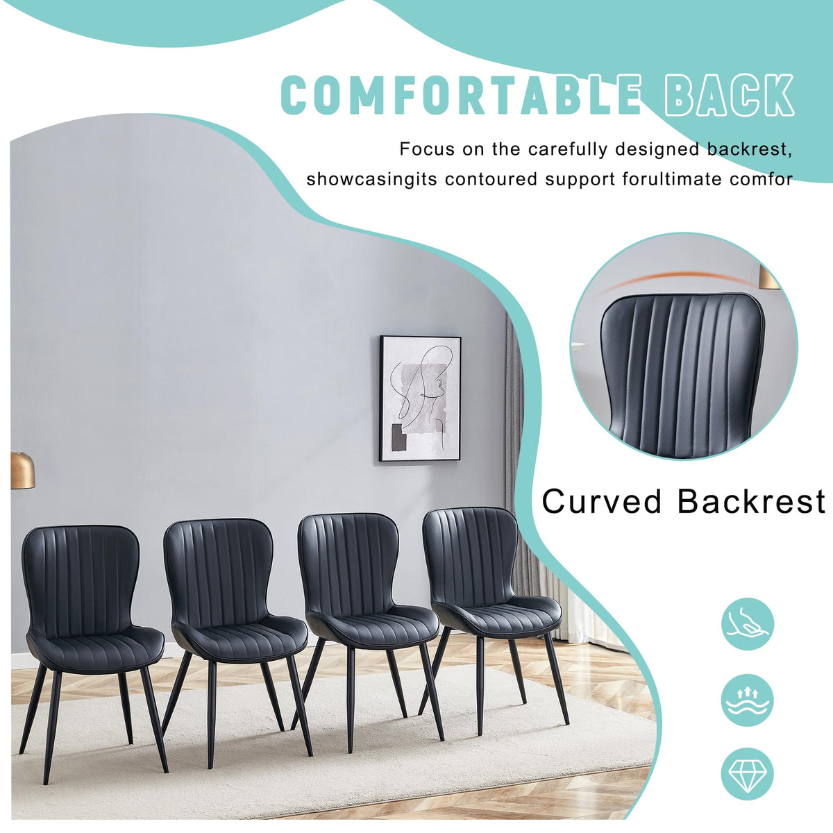 Black Dining Chairs Set of 4 PU Leather Metal Leg Y885888
