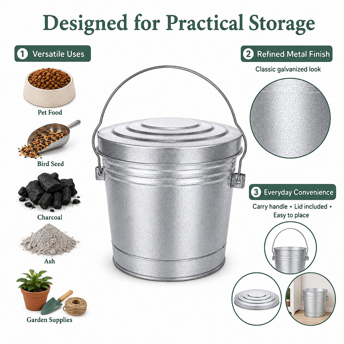 6 Gallon Galvanized Metal Trash Can with Locking Lid W3799