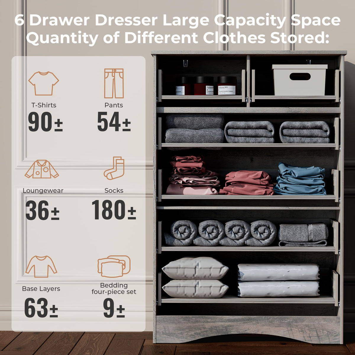 48'' Tall Grey 6 Drawer Dresser F392