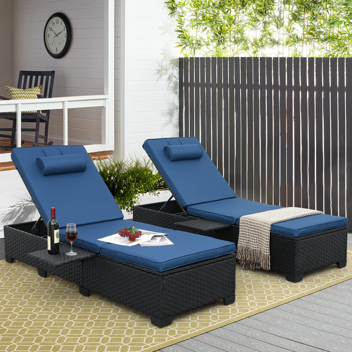Black Wicker Chaise Lounge Chairs Set of 2 with Navy Blue Cushion J9611