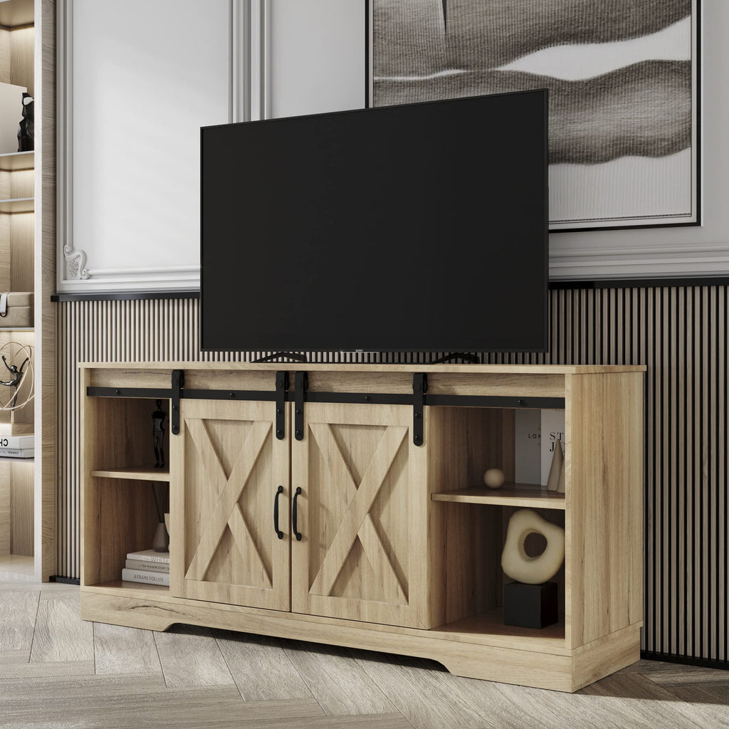 Rustic Oak Wood TV Stand with Sliding Barn Door Z824