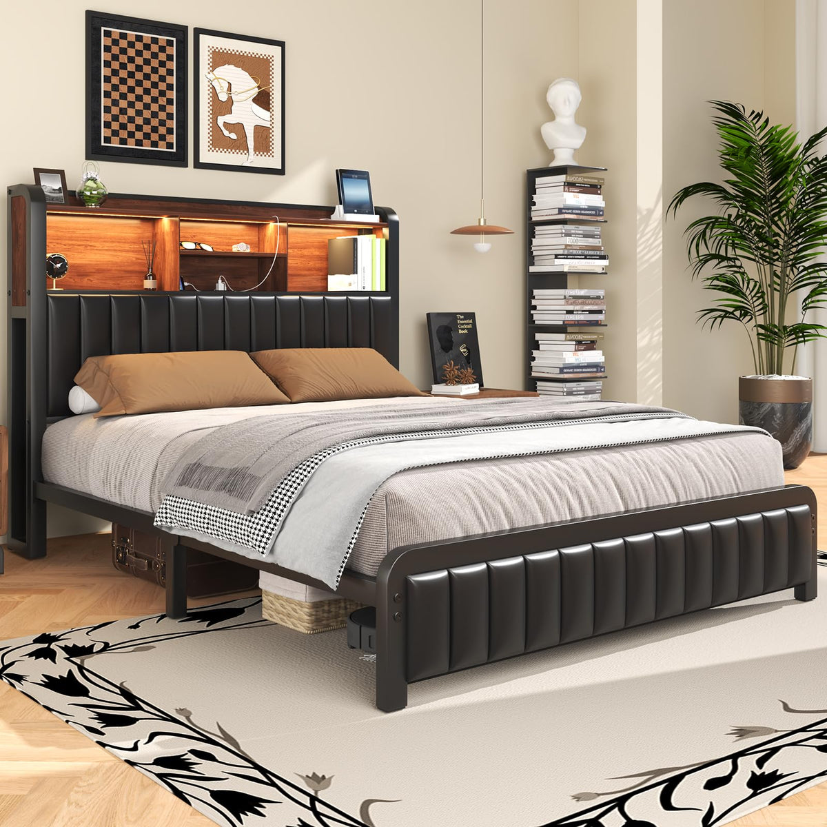 Black Full Size Bed Frame with Storage Headboard H69028