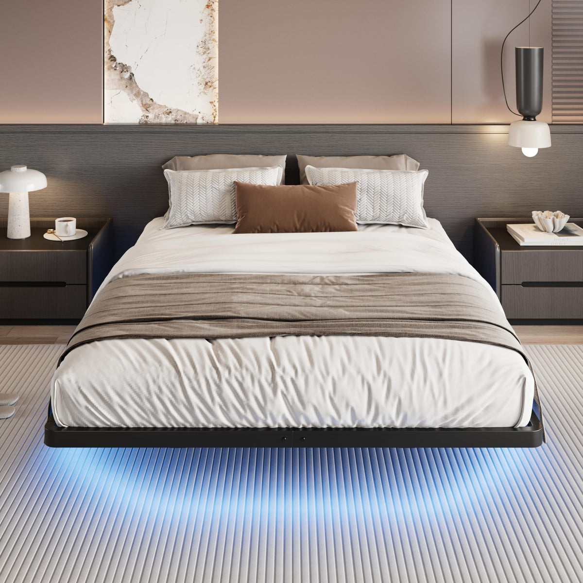 Full Size Floating Bed Frame with LED Lights, Black D209
