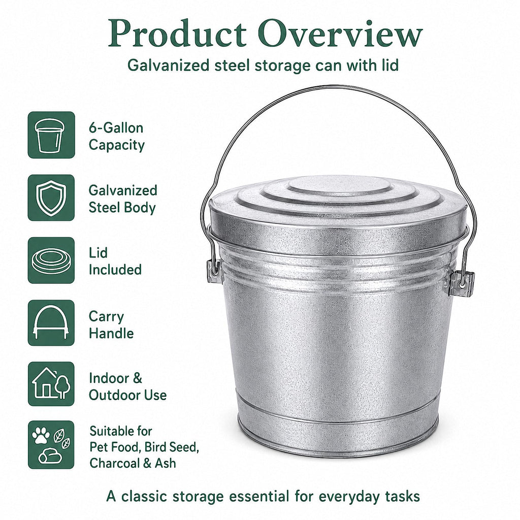 6 Gallon Galvanized Metal Trash Can with Locking Lid W3799