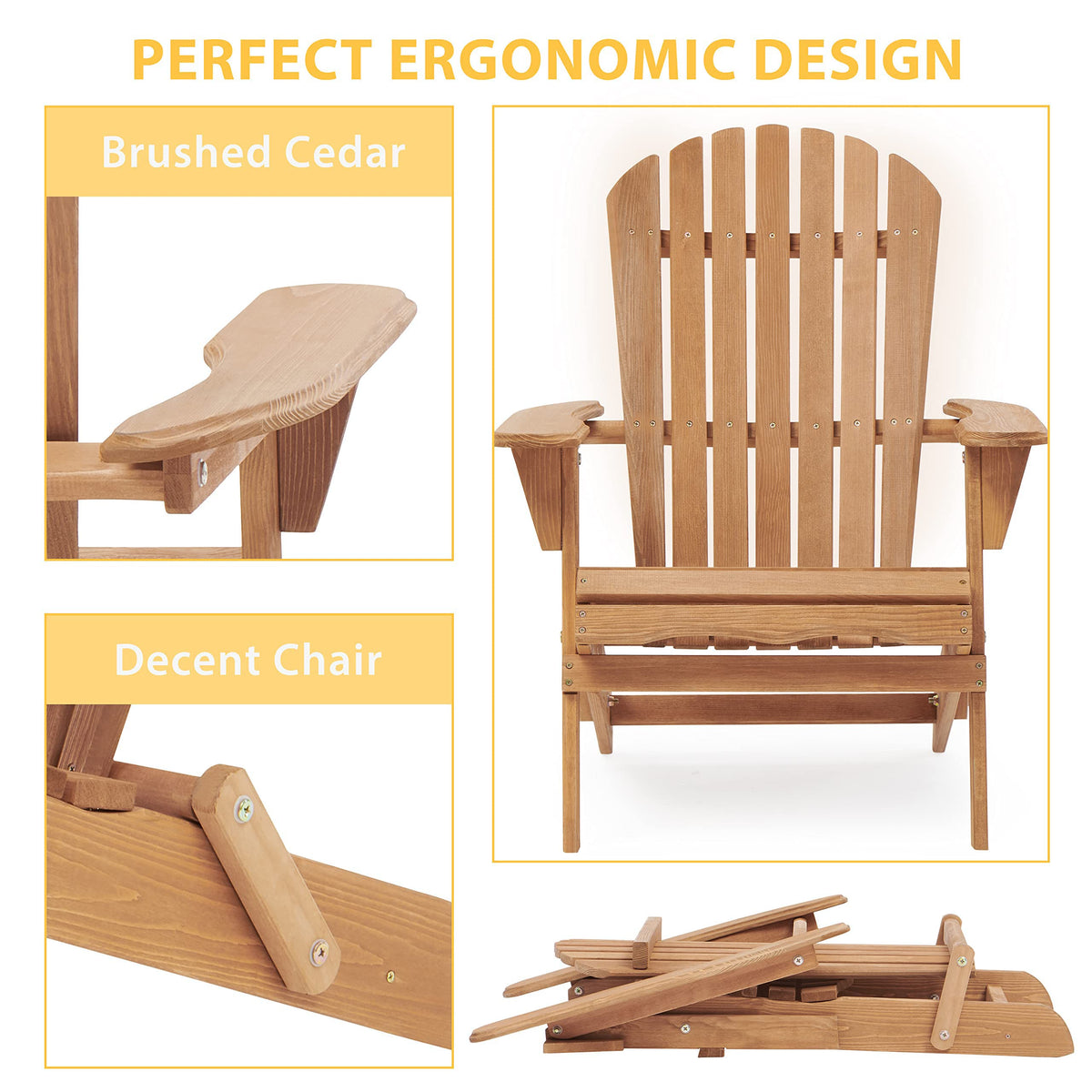 Wood Folding Adirondack Chair Set of 2 Solid Cedar E40973