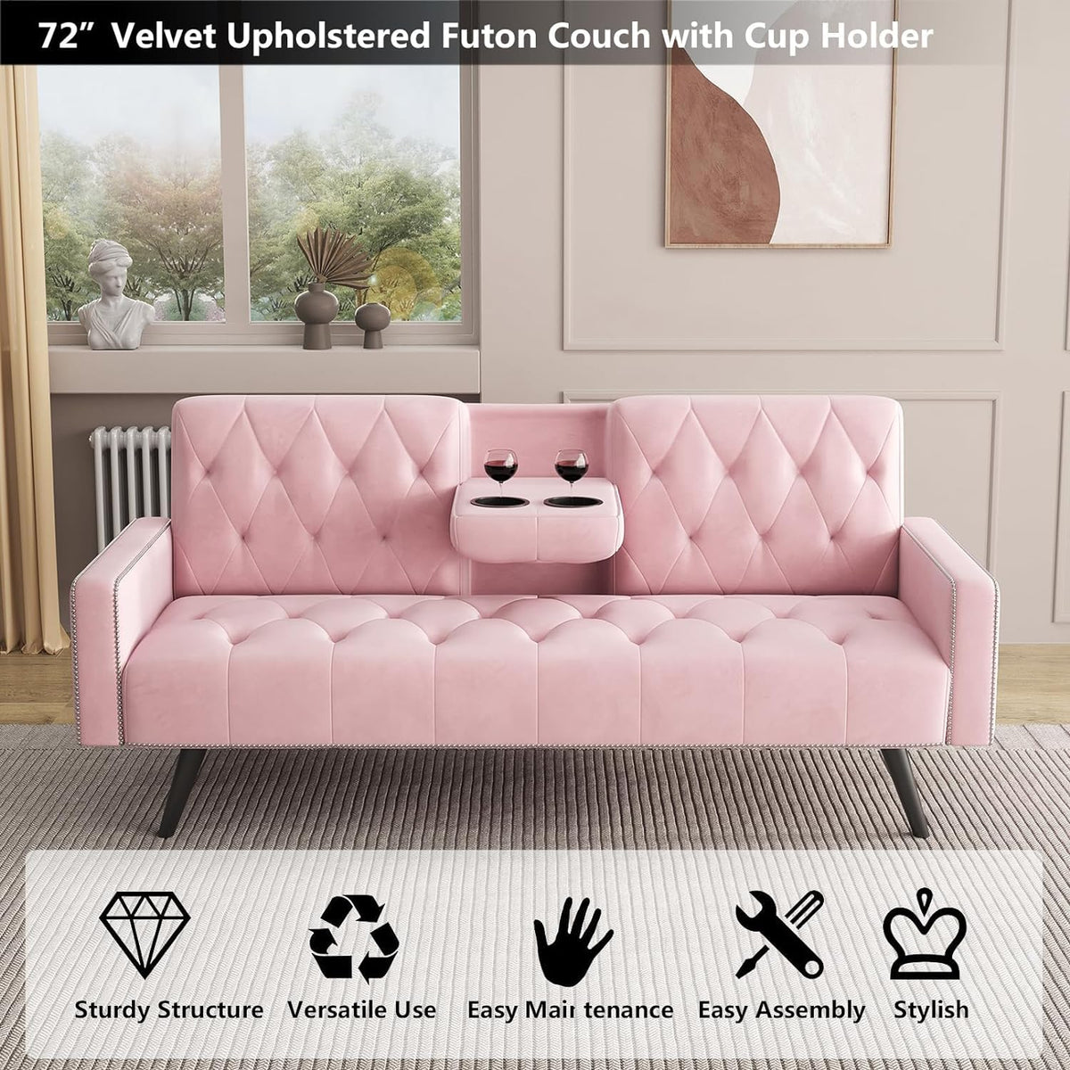 Pink Velvet Futon Couch Bed with Cup Holder G954048