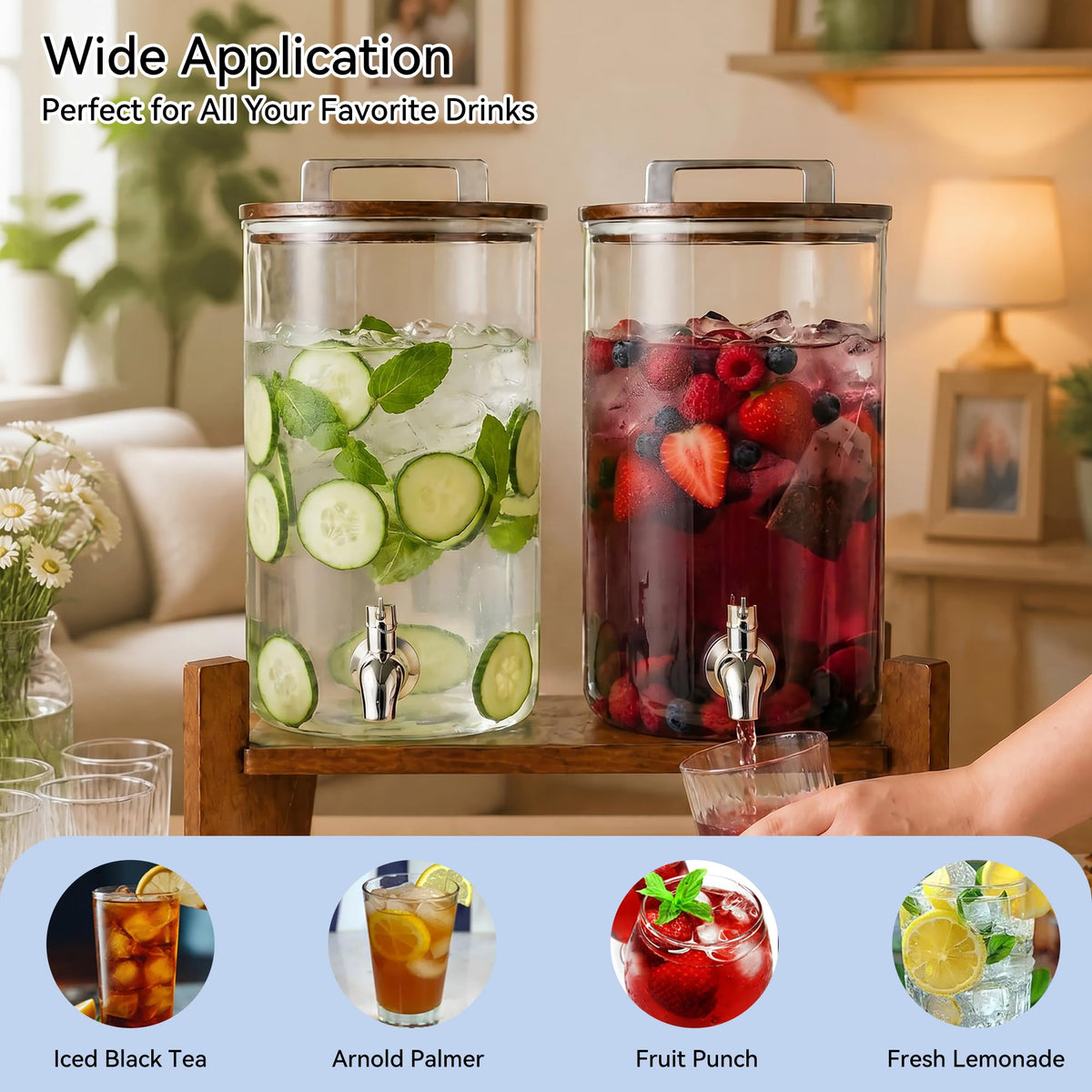2 Pack 1 Gallon Glass Drink Dispensers with Acacia Wood Stand C762
