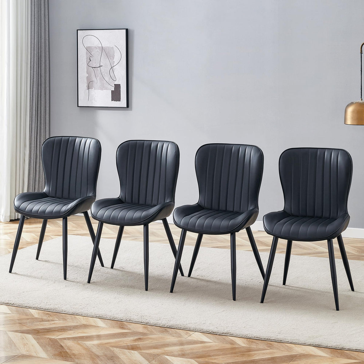 Black Dining Chairs Set of 4 PU Leather Metal Leg Y885888