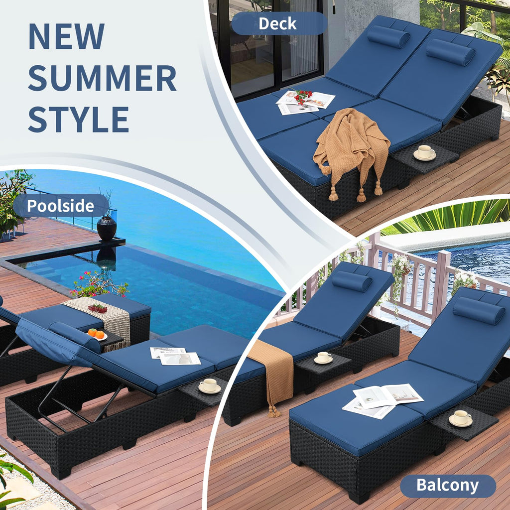 Black Wicker Chaise Lounge Chairs Set of 2 with Navy Blue Cushion J9611