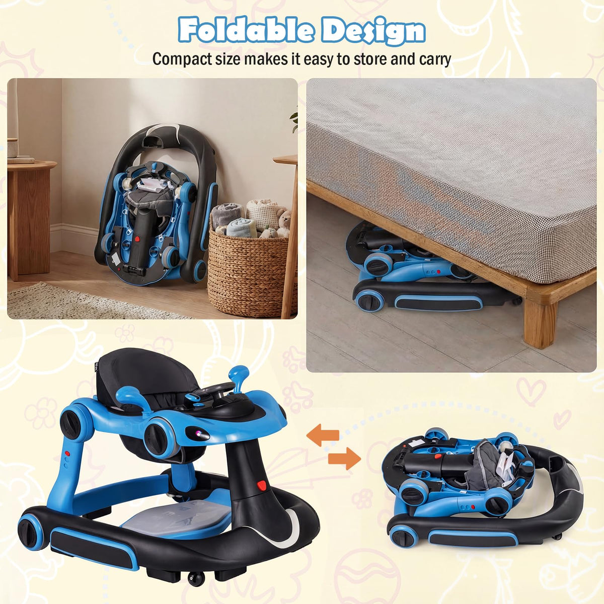Foldable Baby Walker with Canopy and Wheels H737