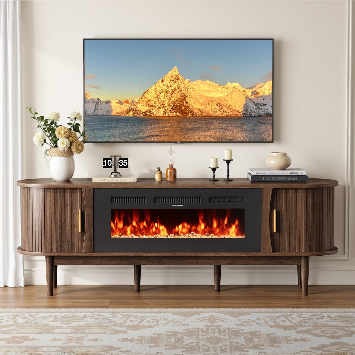 70″ Fluted Fireplace TV Stand with Sliding Tambour Doors I53548