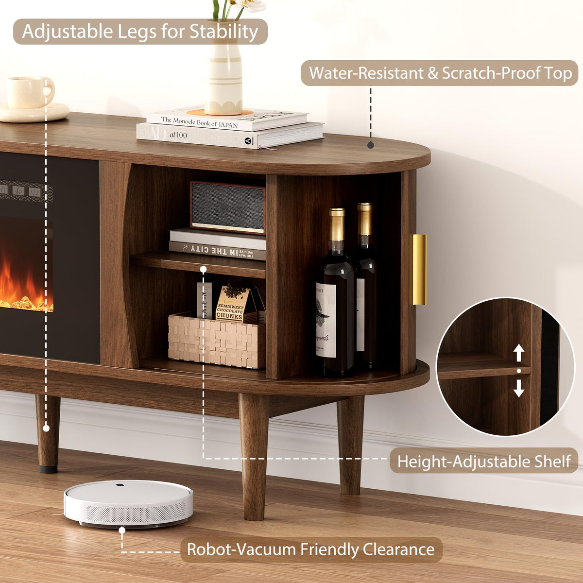 70″ Fluted Fireplace TV Stand with Sliding Tambour Doors I53548