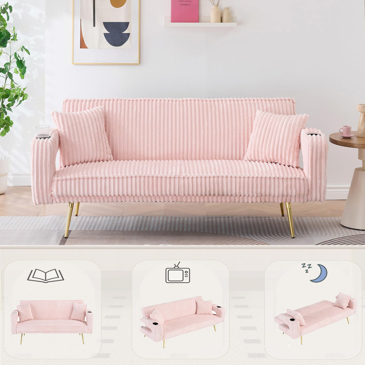 Pink Teddy Fabric Convertible Futon Sofa Bed P384762