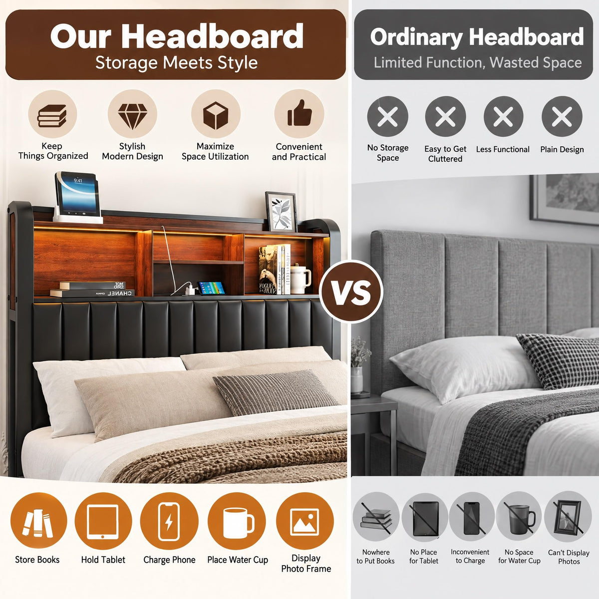 Black Full Size Bed Frame with Storage Headboard H69028