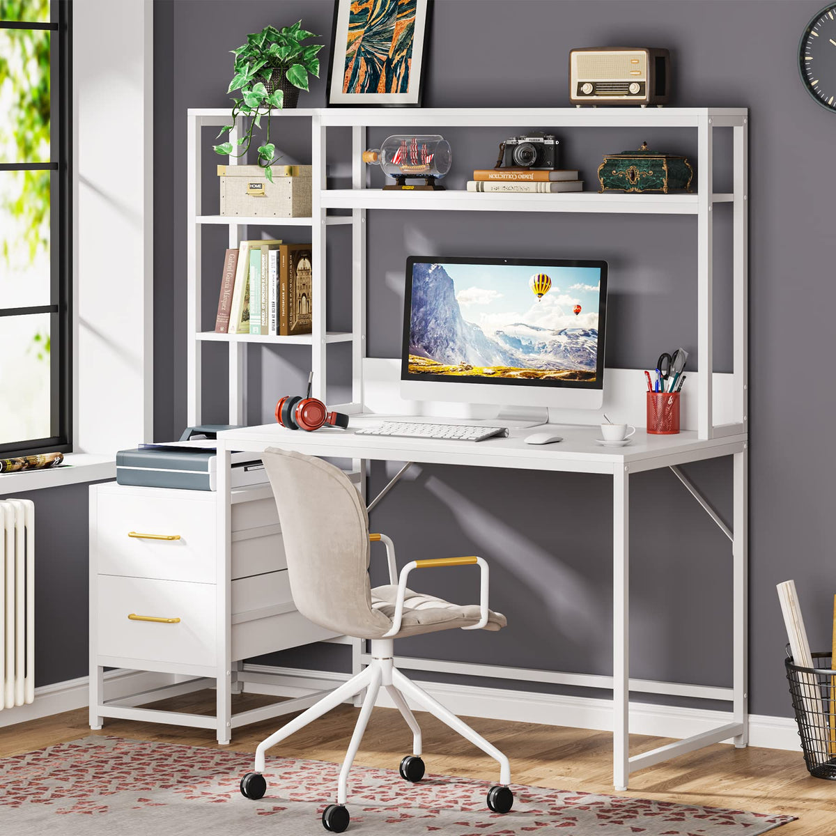 55 Inch Computer Desk with 2 Drawers and Storage Shelves D149