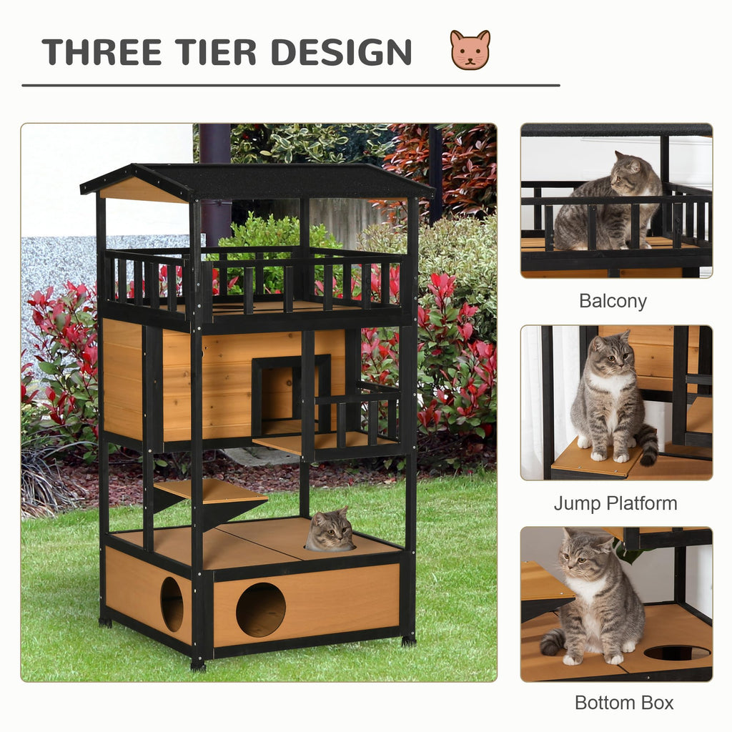 3-Story Wooden Outdoor Cat House with Raised Floor X91066