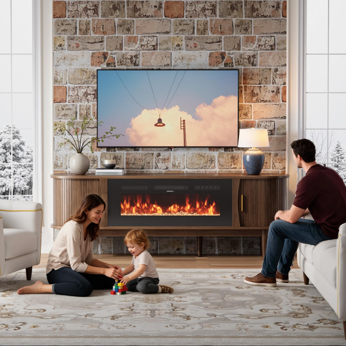 70″ Fluted Fireplace TV Stand with Sliding Tambour Doors I53548