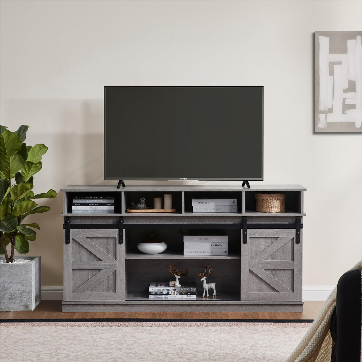 Grey Wood TV Stand with Sliding Barn Door N747