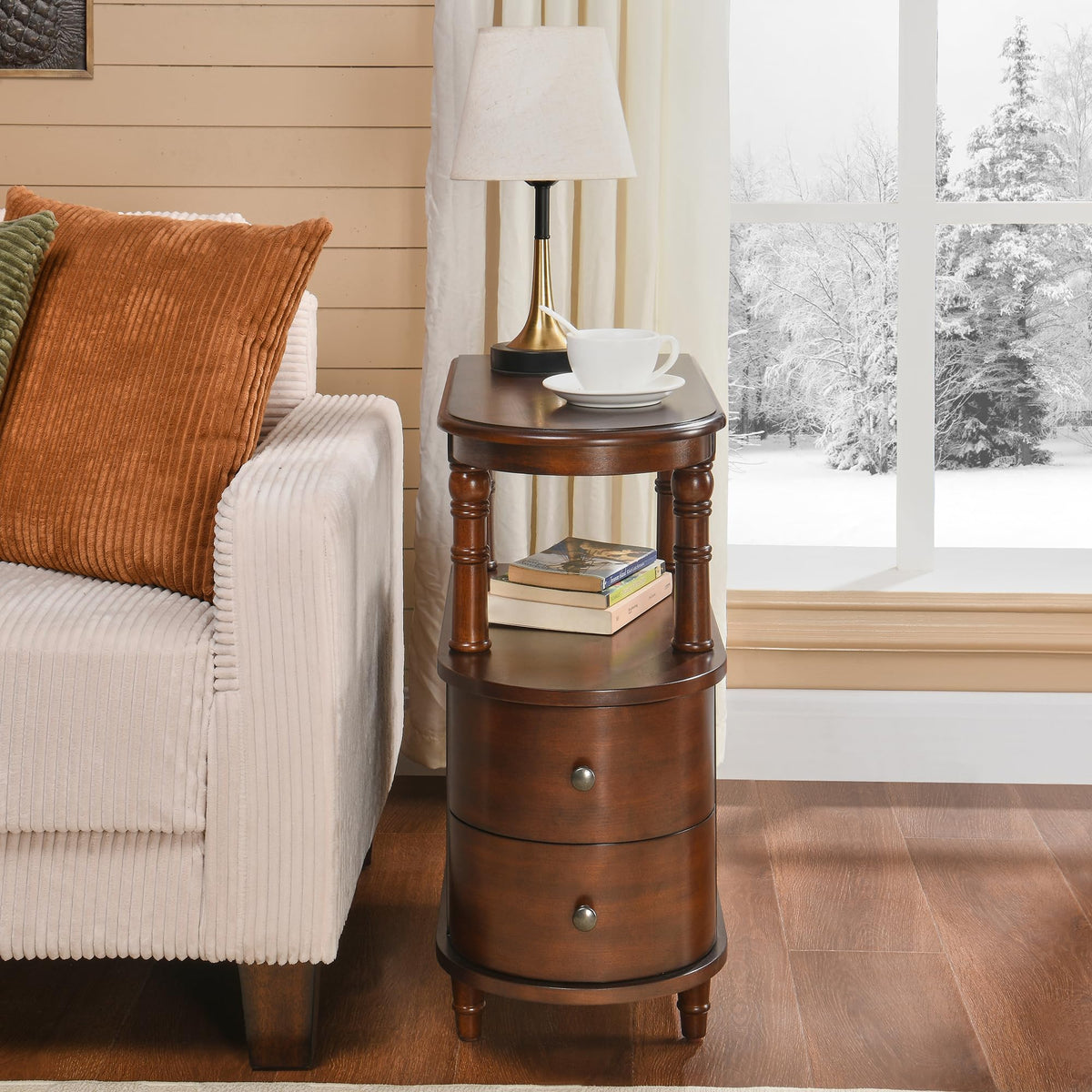 Set of 2 Slim Wood End Table with 2 Drawers & Shelf S640575