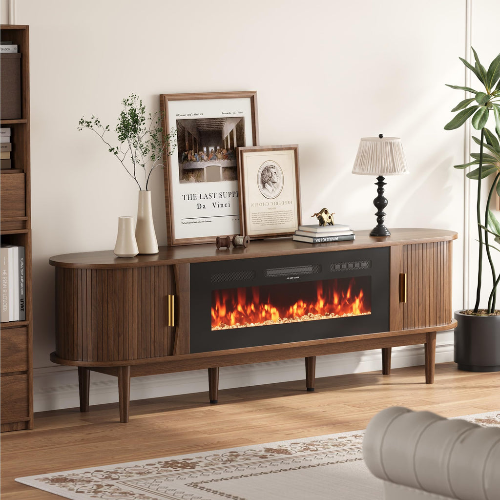 70″ Fluted Fireplace TV Stand with Sliding Tambour Doors I53548