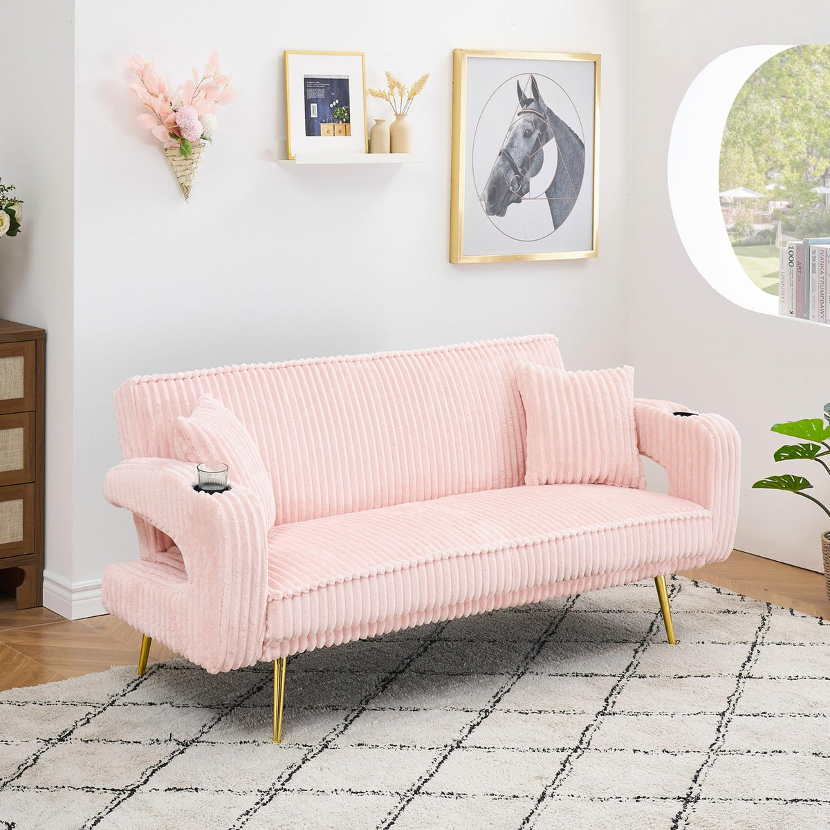 Pink Teddy Fabric Convertible Futon Sofa Bed P384762