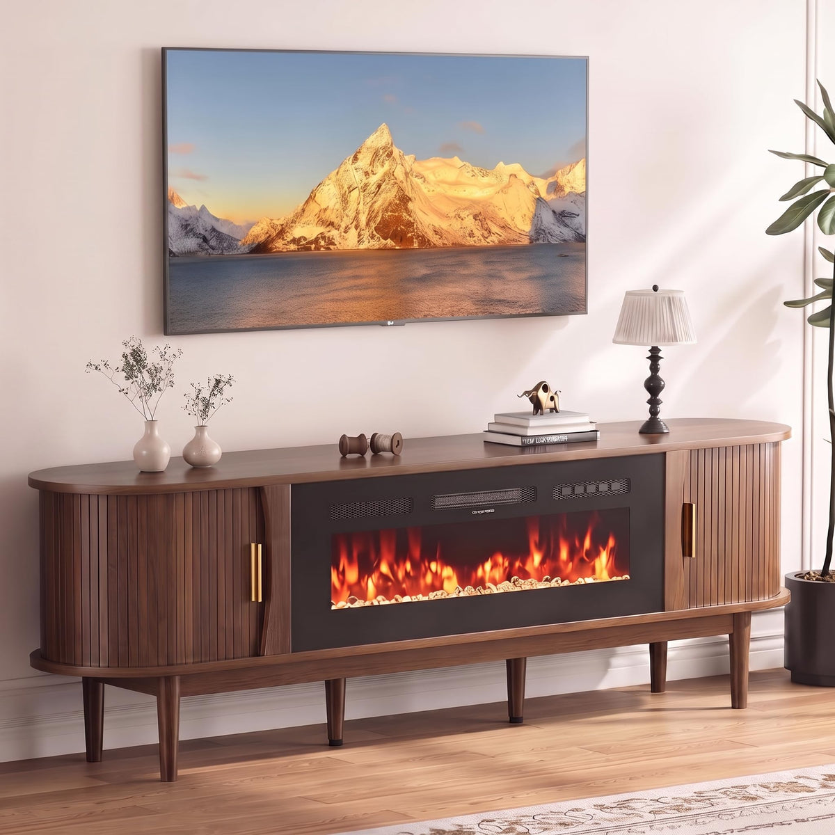 70″ Fluted Fireplace TV Stand with Sliding Tambour Doors I53548