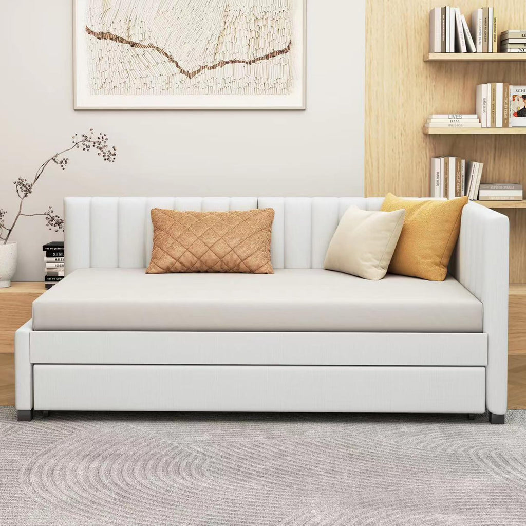 Beige Linen Twin Size Upholstered Daybed with Trundle Y34839