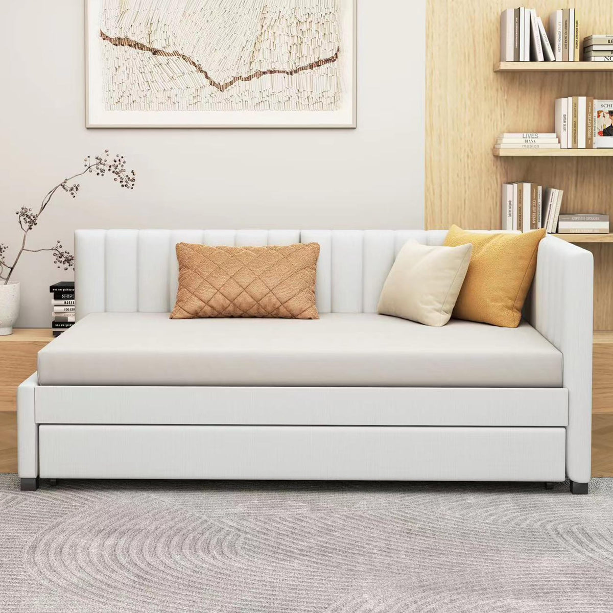 Beige Linen Twin Size Upholstered Daybed with Trundle Y34839