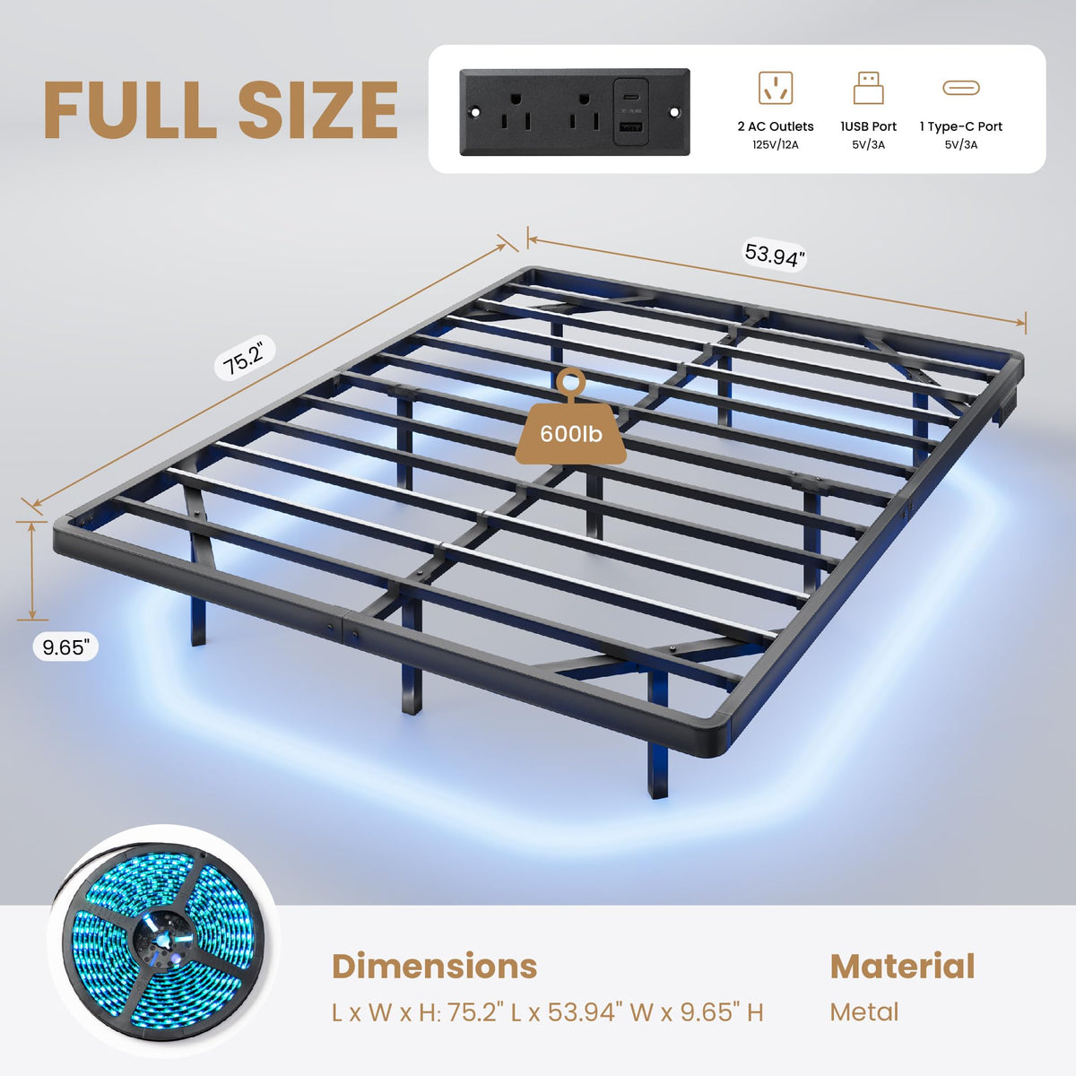 Full Size Floating Bed Frame with LED Lights, Black D209