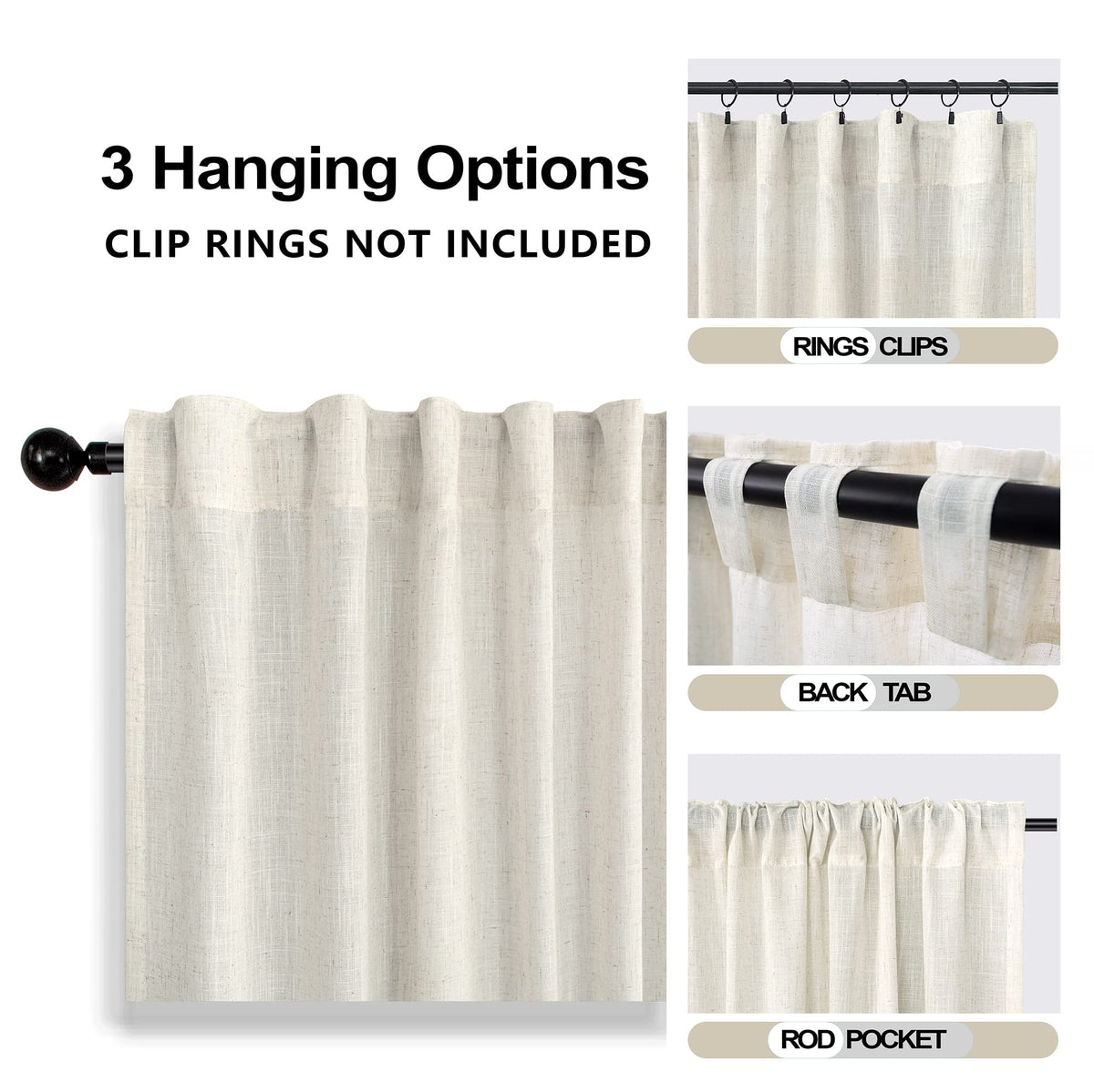 72 Inch Extra Wide Cream Semi Sheer Linen Curtains 2 Panels Set D366876