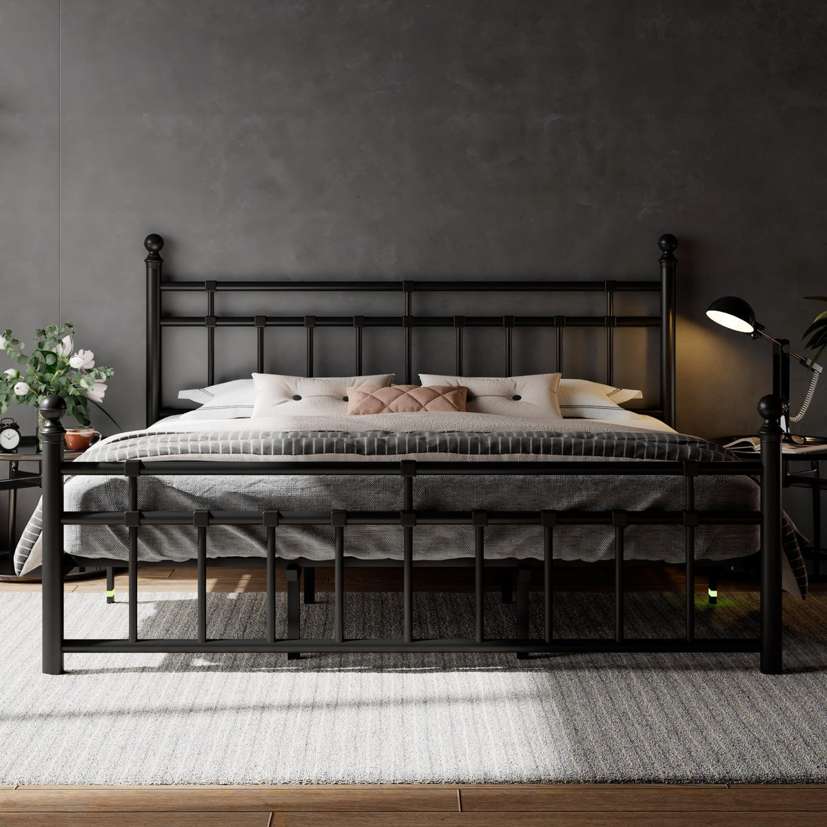 King Size Black Metal Platform Bed Frame with Headboard and Footboard W193840