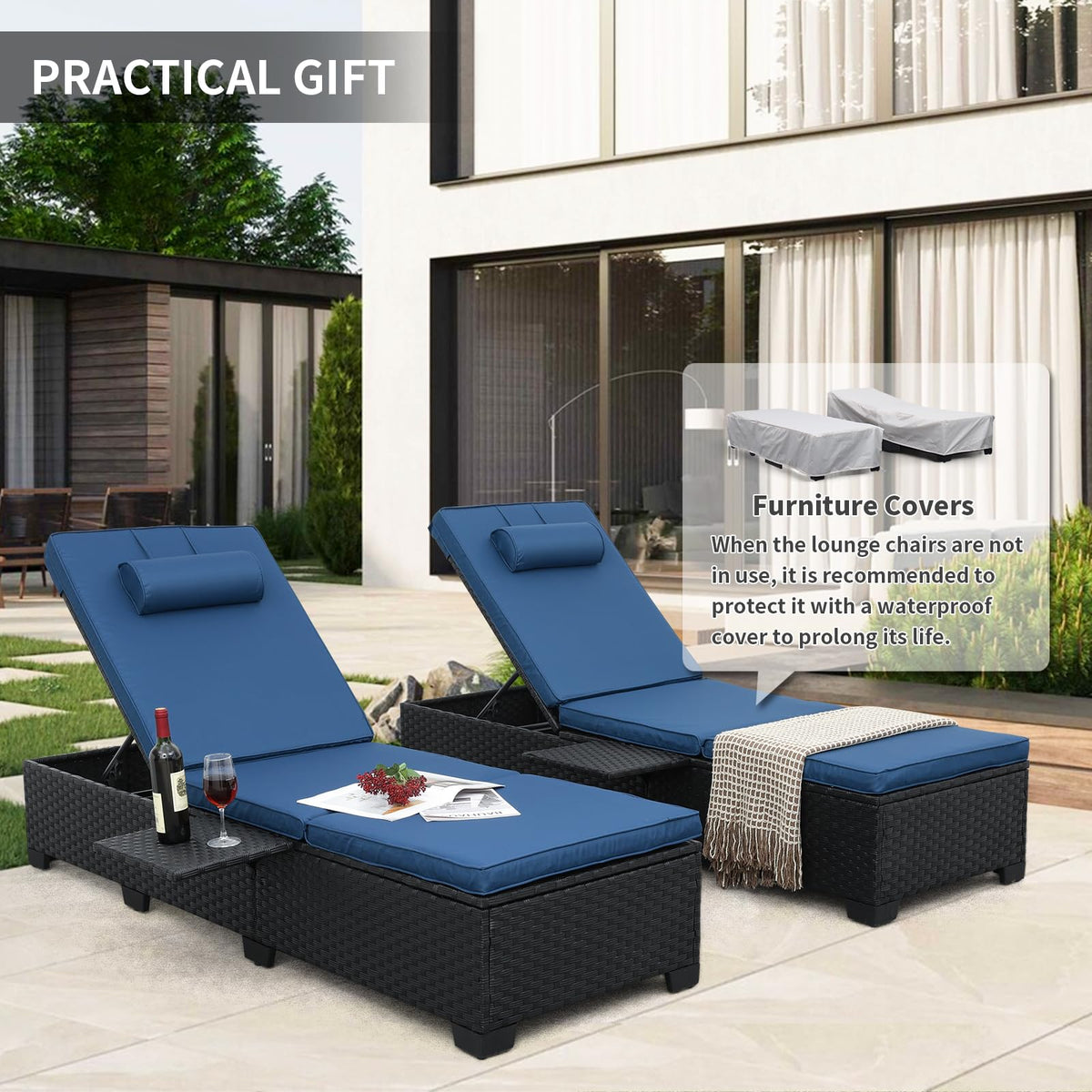 Black Wicker Chaise Lounge Chairs Set of 2 with Navy Blue Cushion J9611