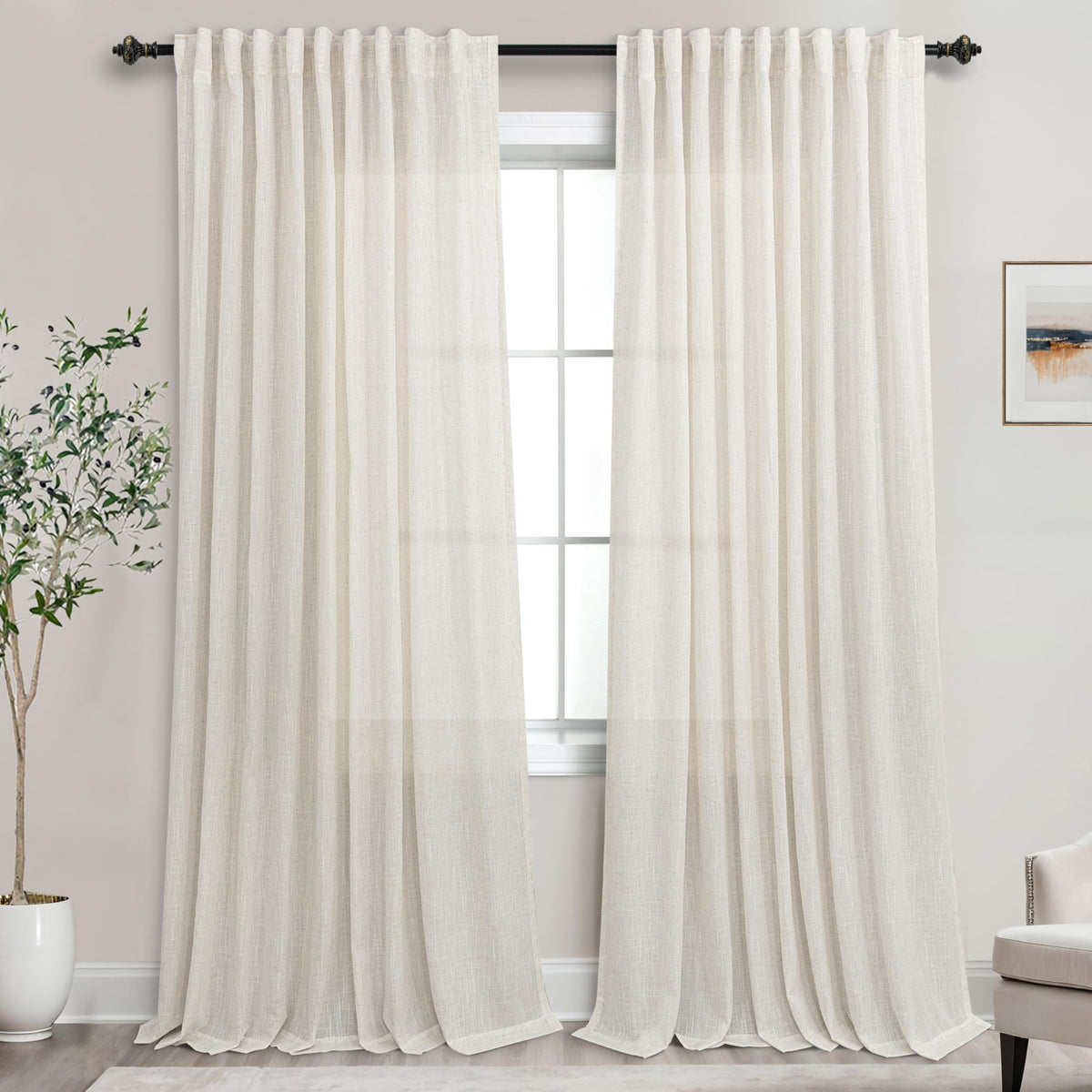 72 Inch Extra Wide Cream Semi Sheer Linen Curtains 2 Panels Set D366876