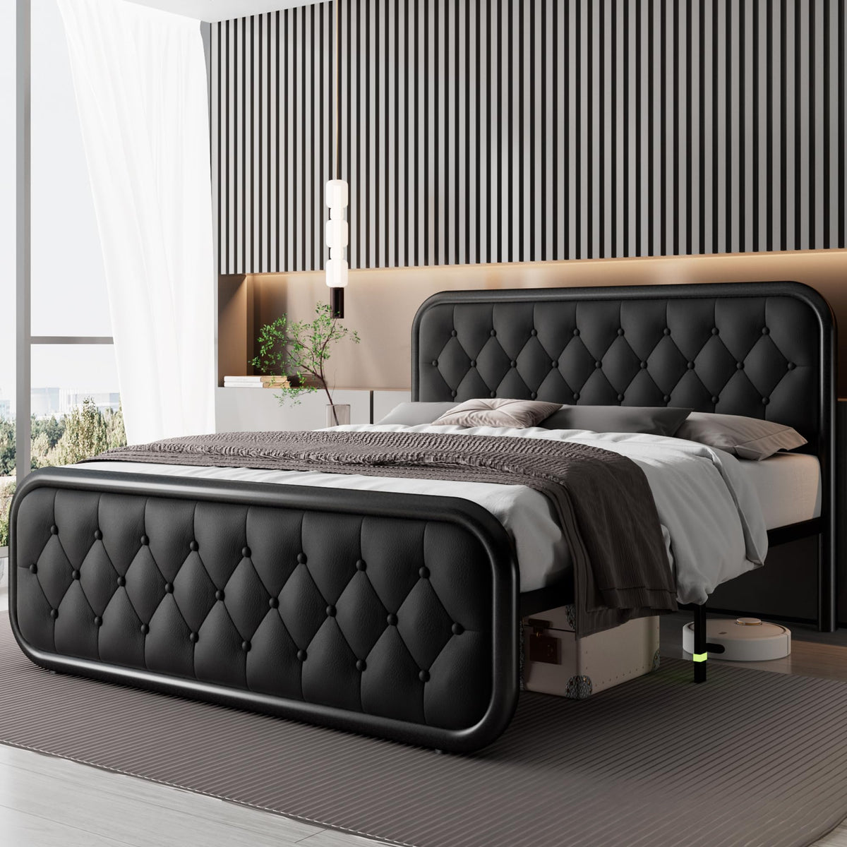 Full Size Upholstered Platform Bed Frame with Faux Leather Headboard S698870