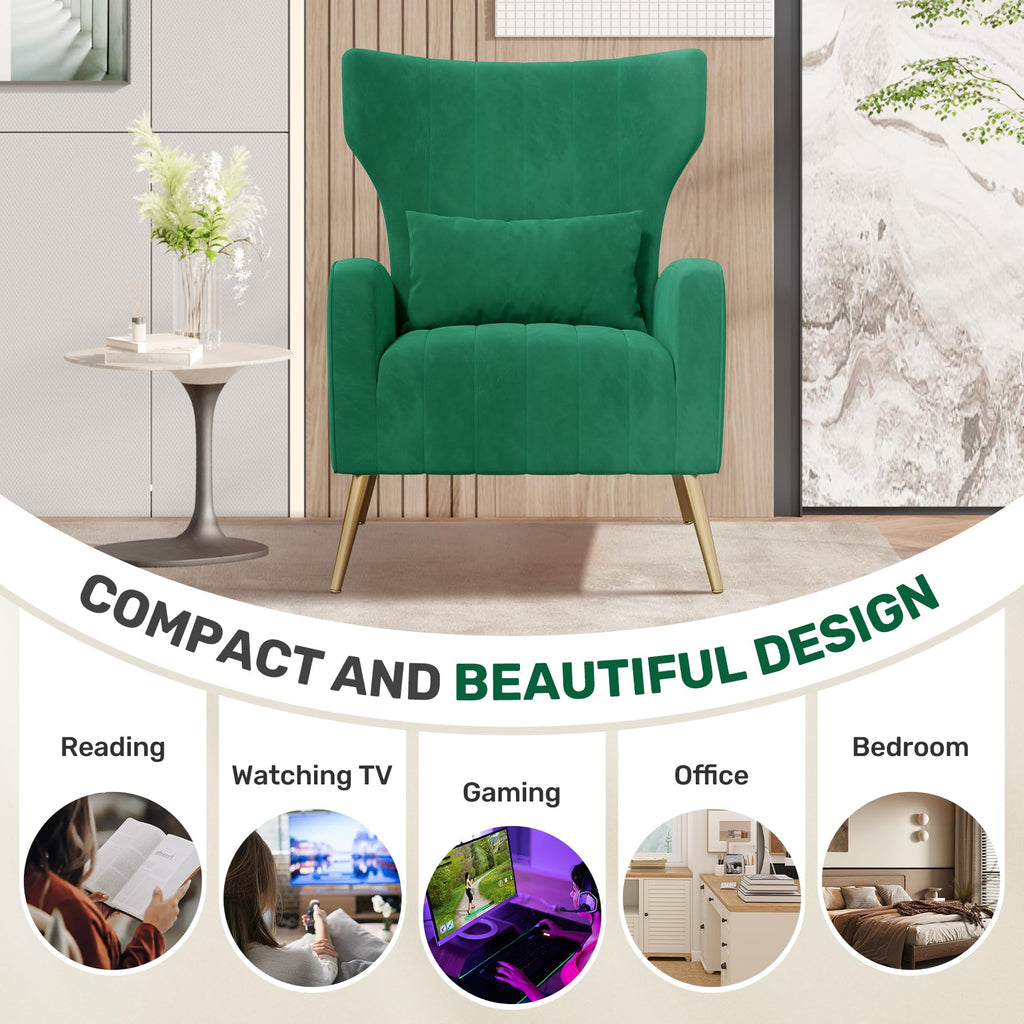 Velvet Accent Chairs Set of 2 High Back Armchair with Lumbar Pillow Green V1676