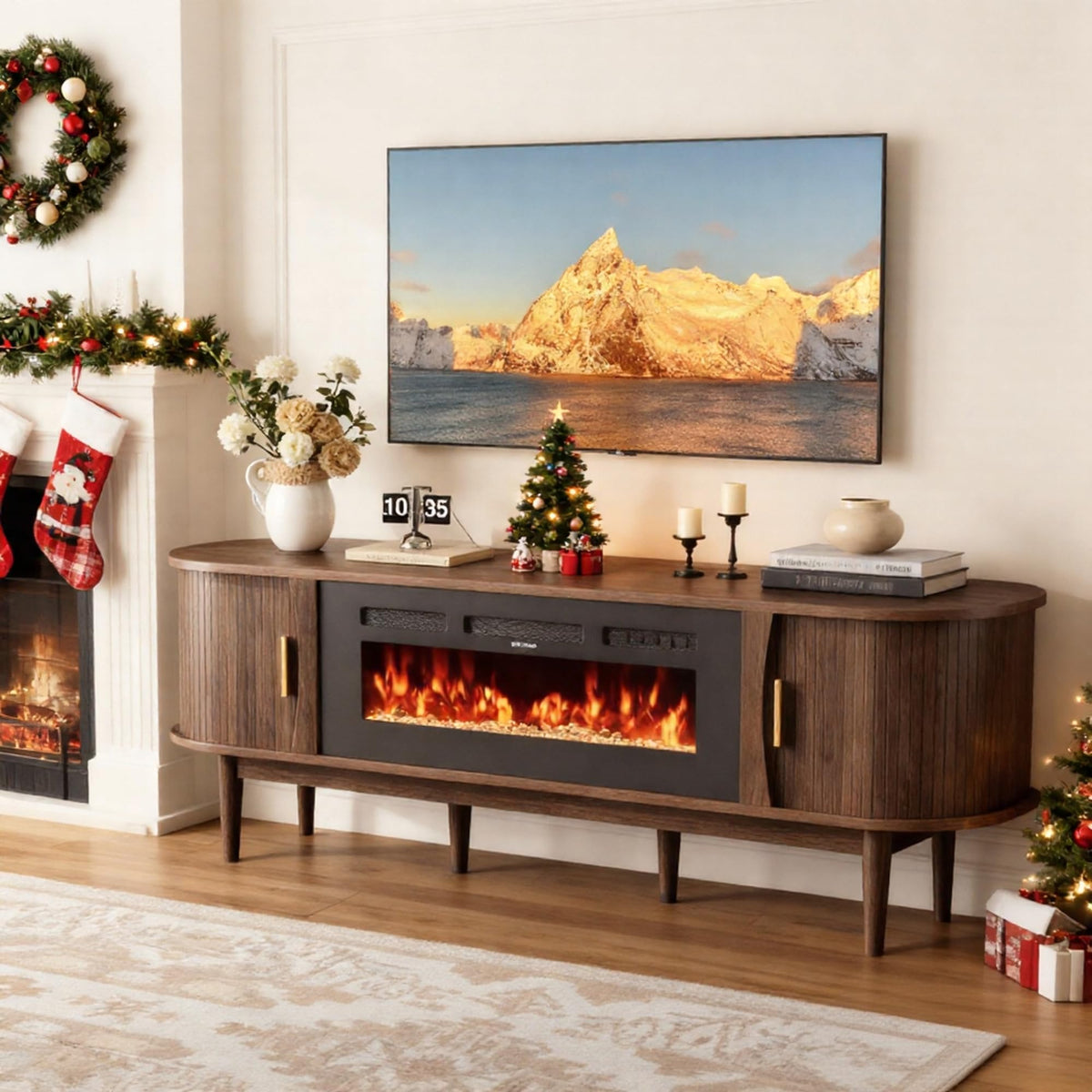70″ Fluted Fireplace TV Stand with Sliding Tambour Doors I53548